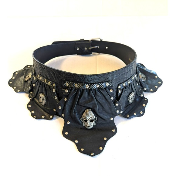 Vintage Esperanza Leather Belt SM Silver Tone Metal Aztec Faces Boho Festival - Picture 1 of 9